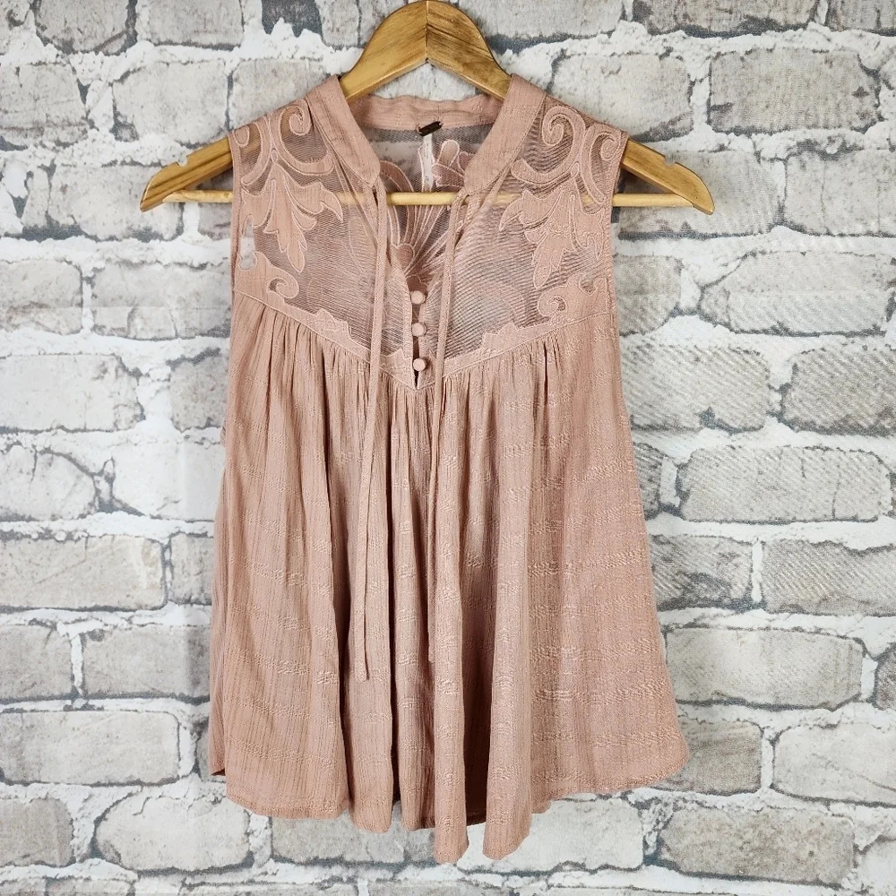 Free People Western Romance Mesh Applique Swing Top Rose Pink Size XS - Picture 5 of 16